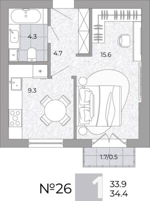 Планировка: 1-комн. 34,4 м² · этаж 1 из 4