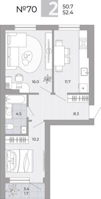 Планировка: 2-комн. 52,4 м² · этаж 1 из 4