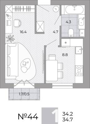 Планировка: 1-комн. 34,7 м² · этаж 3 из 4