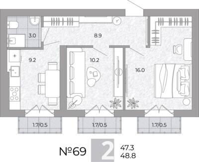Планировка: 2-комн. 48,8 м² · этаж 1 из 4