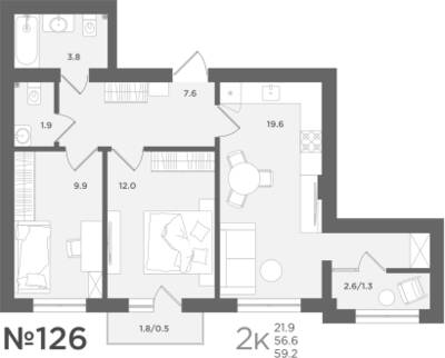 2-комнатная квартира 56,6 м² в ЖК МС18, Пионерский — фото 1