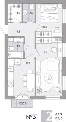 Планировка: 2-комн. 56,2 м² · этаж 2 из 4