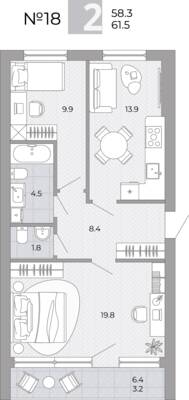 Планировка: 2-комн. 61,5 м² · этаж 2 из 4