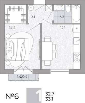 Планировка: 1-комн. 33,1 м² · этаж 1 из 4