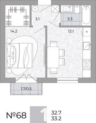 Планировка: 1-комн. 33,2 м² · этаж 3 из 4