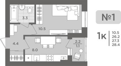 1-комнатная квартира 27,3 м² в ЖК Три Симфонии, Пионерский — фото 1