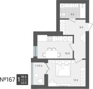 Планировка: 1-комн. 40,3 м² · этаж 5 из 5