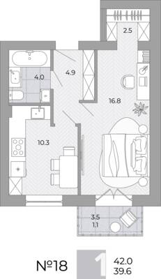 Планировка: 1-комн. 39,6 м² · этаж 3 из 4