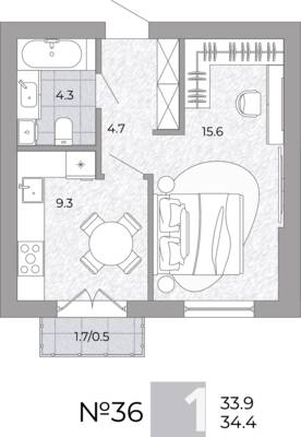 Планировка: 1-комн. 34,4 м² · этаж 2 из 4