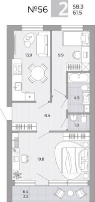 Планировка: 2-комн. 61,5 м² · этаж 1 из 4