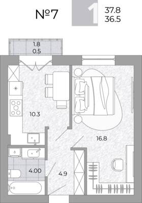 Планировка: 1-комн. 36,5 м² · этаж 1 из 4