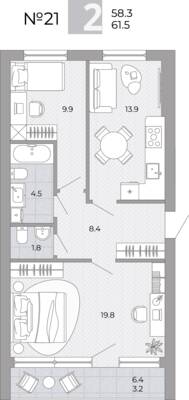 Планировка: 2-комн. 61,5 м² · этаж 3 из 4