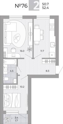 Планировка: 2-комн. 52,4 м² · этаж 3 из 4