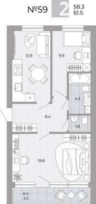 Планировка: 2-комн. 61,5 м² · этаж 2 из 4