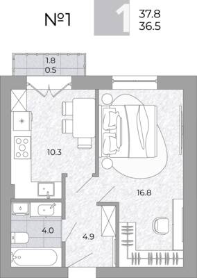 Планировка: 1-комн. 36,5 м² · этаж 1 из 4