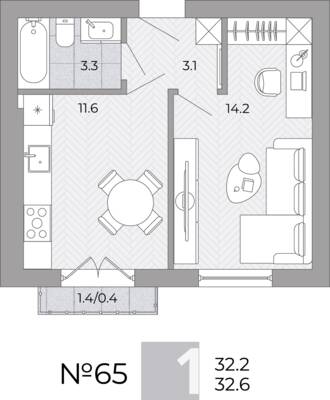 Планировка: 1-комн. 32,6 м² · этаж 3 из 4