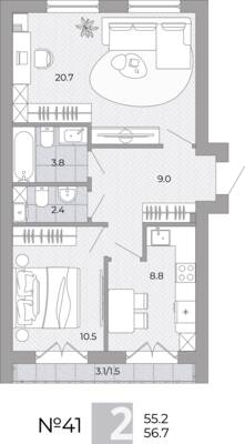 Планировка: 2-комн. 56,7 м² · этаж 3 из 4