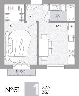 Планировка: 1-комн. 33,1 м² · этаж 2 из 4