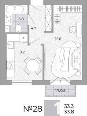 Планировка: 1-комн. 33,8 м² · этаж 1 из 4