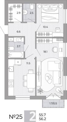 Планировка: 2-комн. 56,2 м² · этаж 1 из 4