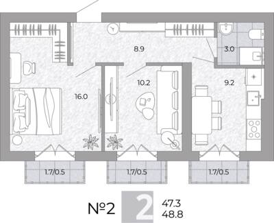 2-комнатная квартира 48,8 м² в ЖК Сигнатур, Луговое — фото 1