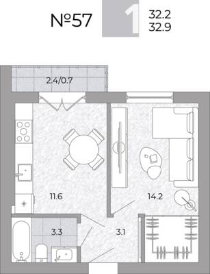 1-комнатная квартира 32,9 м² в ЖК Сигнатур, Луговое — фото 1