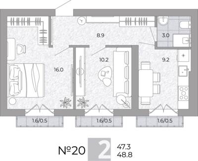 Планировка: 2-комн. 48,8 м² · этаж 3 из 4
