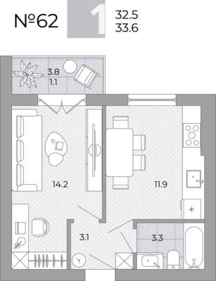 Планировка: 1-комн. 33,6 м² · этаж 2 из 4