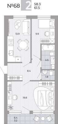 2-комнатная квартира 61,5 м² в ЖК Сигнатур, Луговое — фото 1