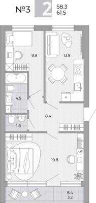 Планировка: 2-комн. 61,5 м² · этаж 1 из 4
