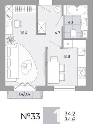 Планировка: 1-комн. 34,6 м² · этаж 2 из 4