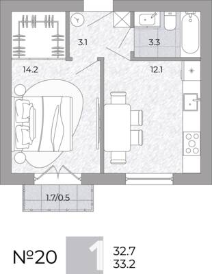Планировка: 1-комн. 33,2 м² · этаж 3 из 4