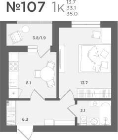 1-комнатная квартира 33,1 м² в ЖК МС18, Пионерский — фото 1