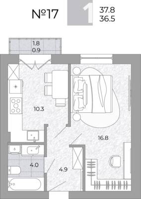 Планировка: 1-комн. 36,5 м² · этаж 3 из 4