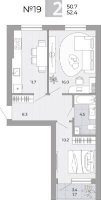 Планировка: 2-комн. 52,4 м² · этаж 3 из 4