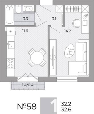 Планировка: 1-комн. 32,6 м² · этаж 2 из 4