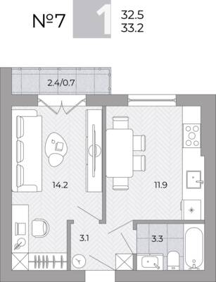 Планировка: 1-комн. 33,2 м² · этаж 1 из 4