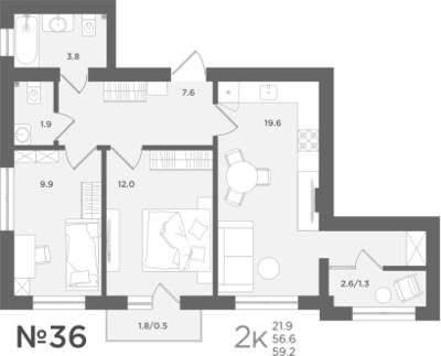 2-комнатная квартира 56,6 м² в ЖК МС18, Пионерский — фото 1
