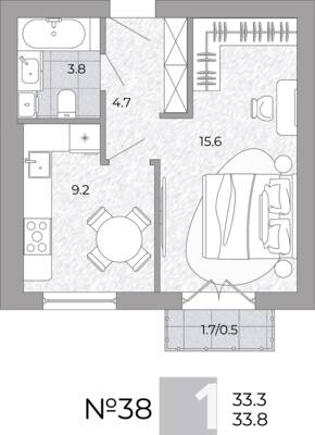 Планировка: 1-комн. 33,8 м² · этаж 2 из 4