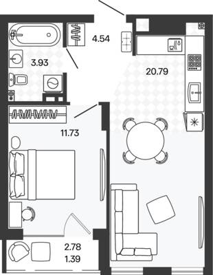 Планировка: 1-комн. 42,45 м² · этаж 5 из 5