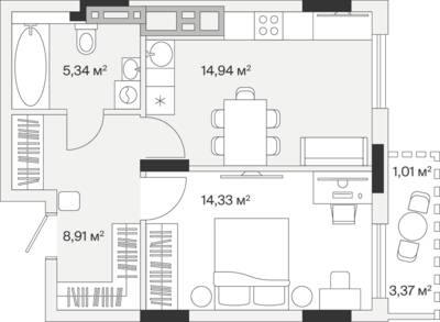 1-комнатная квартира 44,3 м² в ЖК АЭРО, Малое Исаково — фото 1