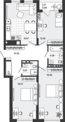 Планировка: 3-комн. 88,92 м² · этаж 5 из 5