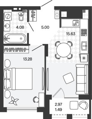 Планировка: 1-комн. 40,02 м² · этаж 5 из 5