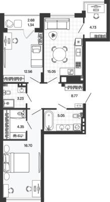 Планировка: 2-комн. 65,27 м² · этаж 3 из 5