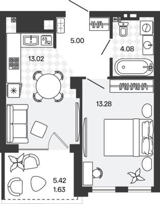 Планировка: 1-комн. 37,01 м² · этаж 5 из 5