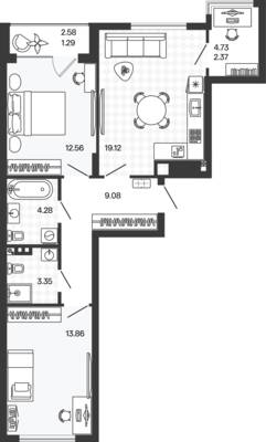 Планировка: 2-комн. 65,91 м² · этаж 2 из 5
