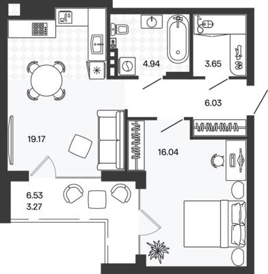 Планировка: 1-комн. 53,56 м² · этаж 2 из 5