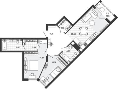 Планировка: 2-комн. 74 м² · этаж 1 из 5