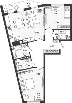 Планировка: 2-комн. 85,42 м² · этаж 4 из 5
