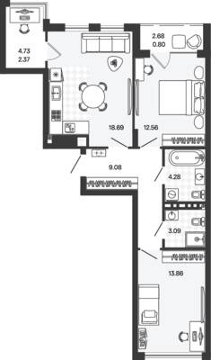 Планировка: 2-комн. 64,73 м² · этаж 5 из 5